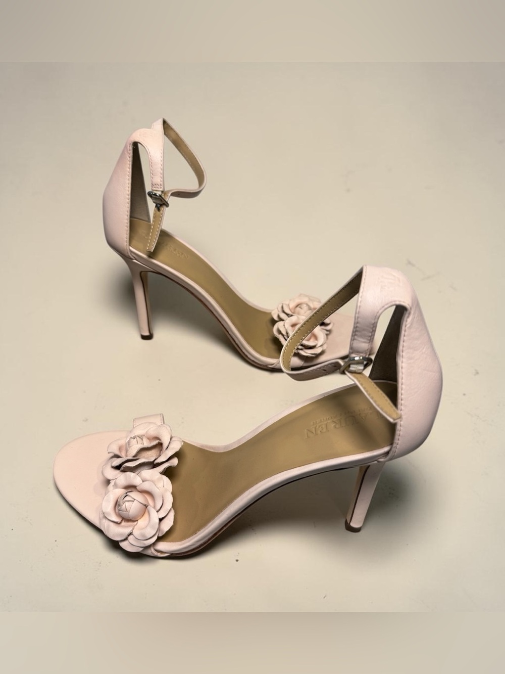 Ralph Lauren Elegant Pink Floral Ankle-Strap Women's Heels, size 7.5, NWOT